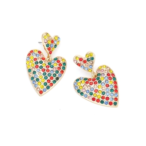 Exaggerated double heart earrings with colorful crystal rhinestones on gold base