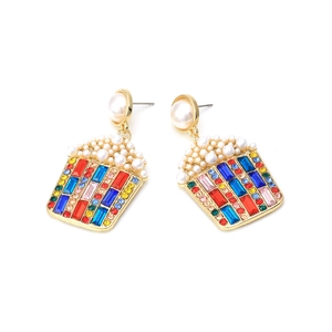Detail of popcorn drop earrings with colorful crystals and round white pearls