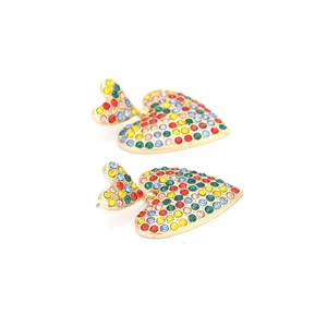 Exaggerated double heart drop earrings with multi-color rhinestones and gold plating