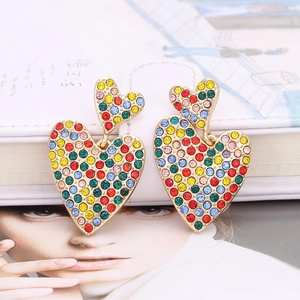 Exaggerated double-layered heart earrings with colorful rhinestones on gold base