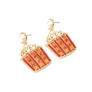Creative popcorn drop earrings with white pearls and colorful rhinestones in gold setting