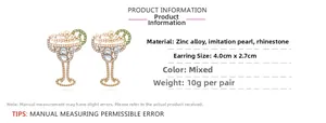 Detailed view of wine glass earrings with rhinestones, pearls and dimensions