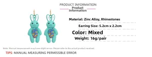 Size specifications for bunny earrings with rhinestones showing 5.2cm length and weight