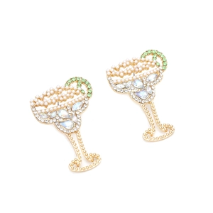 Sparkling cocktail glass drop earrings with pearls and crystals in gold finish