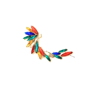 Close-up of golden ear cuff featuring vibrant multi-colored marquise crystals in wing shape