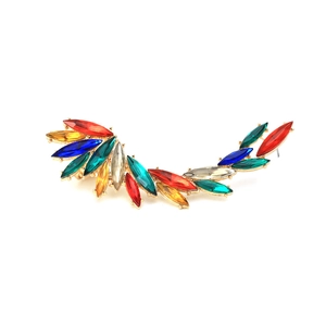 Wing-shaped ear cuff with colorful marquise crystals on a gold alloy metal base