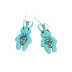 Cute mint blue rabbit earrings with colorful rhinestones on a gold metal hook