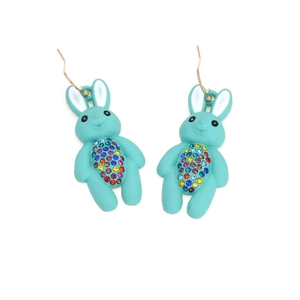 Cute lake blue rabbit drop earrings with colorful rhinestones and gold metal hooks