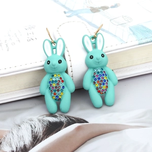 Cute mint green rabbit drop earrings with colorful crystals and gold metal hooks
