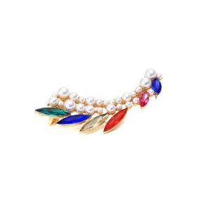 Close-up of alloy ear crawler featuring white pearls and multicolor marquise rhinestones