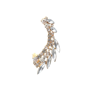Golden leaf ear cuff with colorful crystals and pearls, elegant wing-shaped design earring
