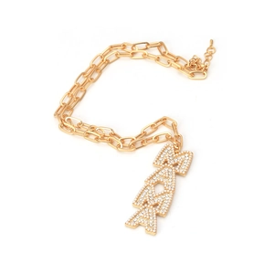 Gold MAMA letter pendant necklace with paperclip chain, pearls and crystals