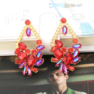 Exaggerated retro geometric earrings with red rhinestones and multicolored crystals