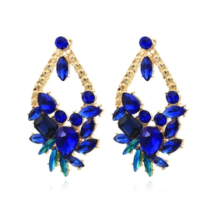 Deep blue and emerald green layered crystal drop earrings with teardrop gems on gold base