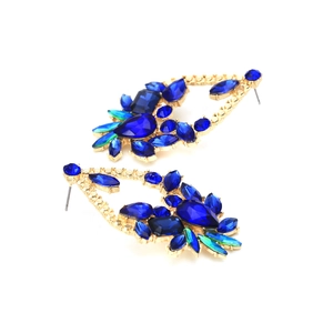 Exaggerated vintage gold earrings with multi-layer blue rhinestones and floral geometry