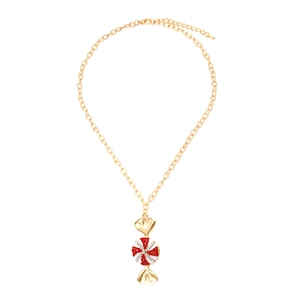 Golden necklace with a red and white spiral candy pendant encrusted with small rhinestones