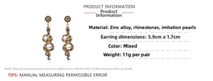 Detailed size specifications for vintage snake earrings with pearls and black rhinestones