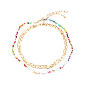 Collier Double Rangée Alliage Chaîne Trombone Künstliche Perles Colorées Imitation Künstliche Perles Baroques Style Bohème Bijoux