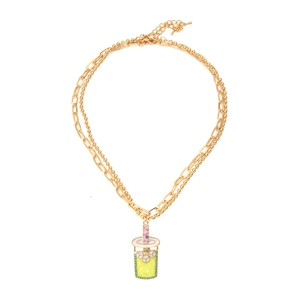Moda Collana Con Ciondolo a Forma di Tazza di Tè al Latte in Lega di Zinco per Donna Doppio Strato Smalto Strass Gioielli
