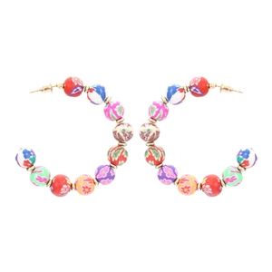 Bohemian C-Shaped Hoop Earrings With Colorful Floral Polymer Clay Beads And Gold Tone Spacers For Women Handmade Jewelry Boho Accessory