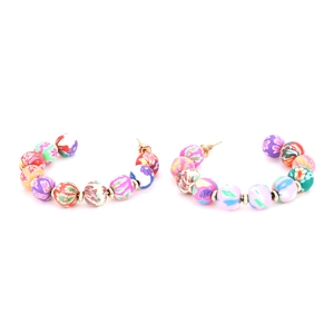 Bohemian C-shaped earrings with colorful floral resin beads and gold-plated hooks