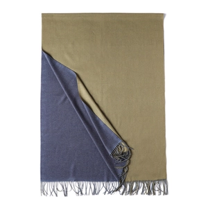 Detail of double-sided cashmere-like scarf with fringe in olive green and deep purple