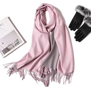 Pink and grey reversible cashmere-like scarf with fringe detail and matching black gloves