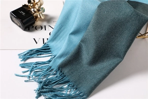 Close-up of dual-tone cashmere-like scarf with fringe detail and fine twill texture