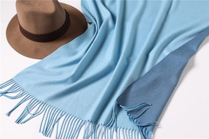 Detail of light blue cashmere-like scarf showing soft texture and fringe edges