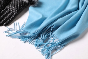 Close-up of light blue cashmere-like scarf detail featuring elegant fringe tassels