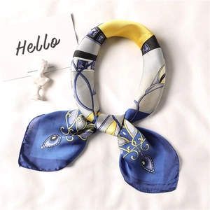 Silk-like 70cm square neck scarf with blue and yellow geometric patterns for women
