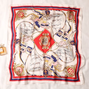 Elegant 70x70 nautical silk square scarf with sailboats and anchors on white background