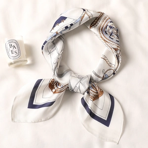 Elegant nautical silk-like square scarf with navy blue sailing motif and compass print