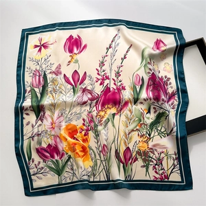 Elegant floral silk scarf with pink tulip patterns and dark green border for women