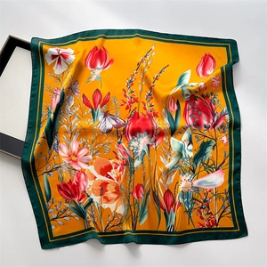 Floral tulip print faux silk square scarf in bright yellow with dark green borders
