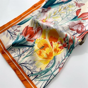 Elegant tulip floral satin square scarf with bright orange border and glossy finish