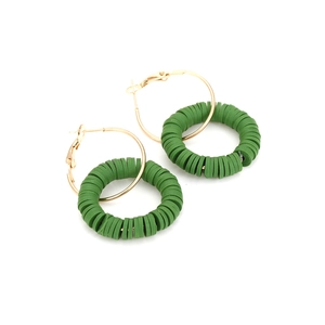 Bohemian gold hoop earrings featuring forest green handmade polymer clay heishi beads