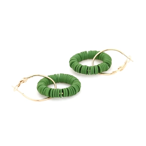 Bohemian gold hoop earrings with handmade green polymer clay discs for a tribal look