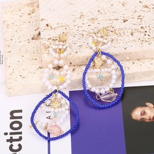Bohemian multilayer hoop earrings with pearls, colorful beads and teardrop pendants