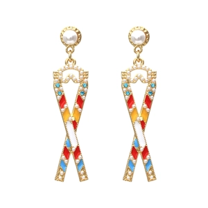 Retro Geometric Cross Ribbon Drop Earrings Gold Plated Alloy Multi Color Enamel Blue Rhinestone Faux Artificial Pearl For Women