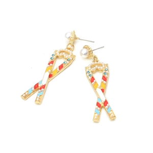 Exaggerated colorful enamel ribbon earrings with faux pearls and blue rhinestones