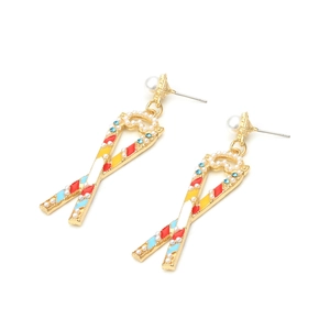 Creative abstract gold ribbon earrings with colorful enamel details and pearl studs