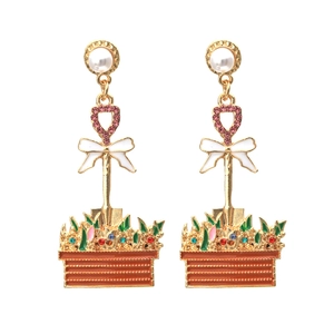 Boucles D'oreilles Créatives Plante En Pot Alliage Zinc Strass Émail Nœud Künstliche Perle Cœur Bijoux Femmes Style Jardin