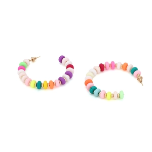 Colorful bohemian C-shaped hoop earrings with vibrant clay beads and gold metal spacers