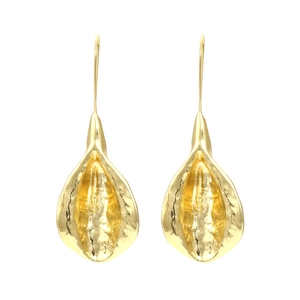 Vintage golden hammered petal earrings in organic teardrop shape with floral leaf style