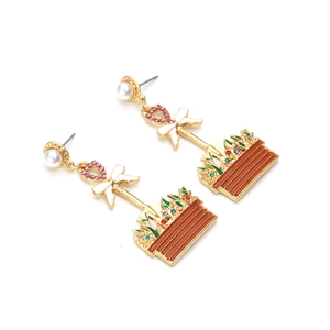 Boucles d'oreilles nœud papillon et pot de fleur dorées avec perles et cristaux