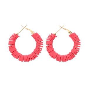 Bohemian watermelon red heishi clay bead hoop earrings with gold tone metal closures