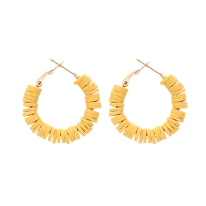 Bohemian bright yellow polymer clay beaded hoop earrings with gold leverback closure