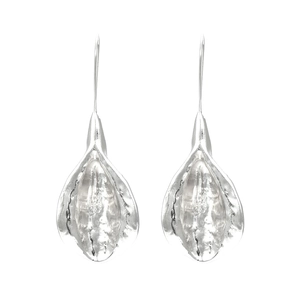 Vintage silver liquid metal texture floral drop earrings with a long hook design