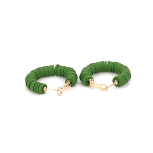 Detail of C-shaped hoop earrings featuring vibrant green polymer clay beads and gold metal studs